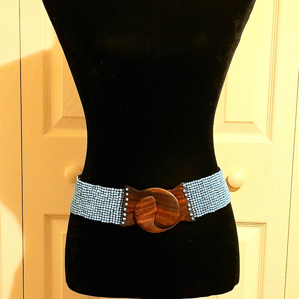 Wide Beaded Elastic Stretch Belt Turquoise Blue